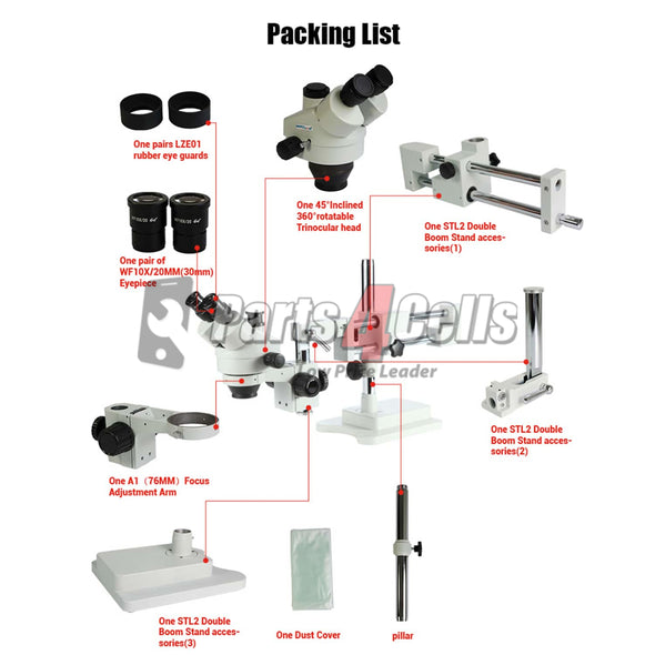 SZM7045-STL2 Double Arm Boom Trinocular Stereo Zoom Industrial Microscope with LED Lights - 45X